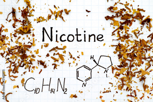 Chemical formula of Nicotine with spilled tobacco photo