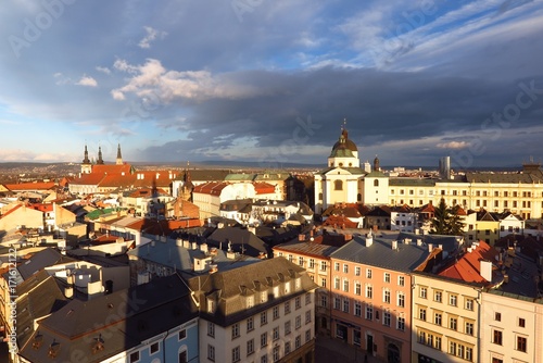 Olomouc, Czech Republic rooftop view of Baroque city under dramatic sky 
