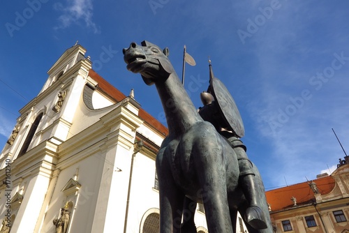 Equestrian Statue of Margrave Jobst of Luxembourg astride a horse in front of Church of St. Thomas in Brno, Czech Republic, Southern Moravia
 photo