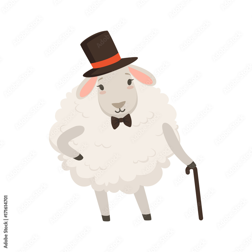 Cute gentleman sheep character wearing top hat holding a cane, funny humanized animal vector Illustration Cute gentleman sheep character wearing top hat holding a cane, funny humanized animal vector Illustration