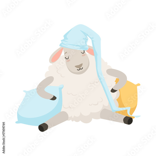 Cute sleeping sheep character wearing hat, funny humanized animal vector Illustration