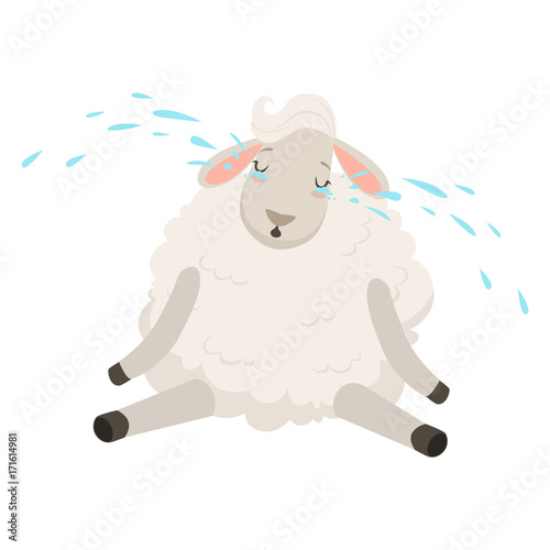 Cute sad white sheep character crying, funny humanized animal vector Illustration