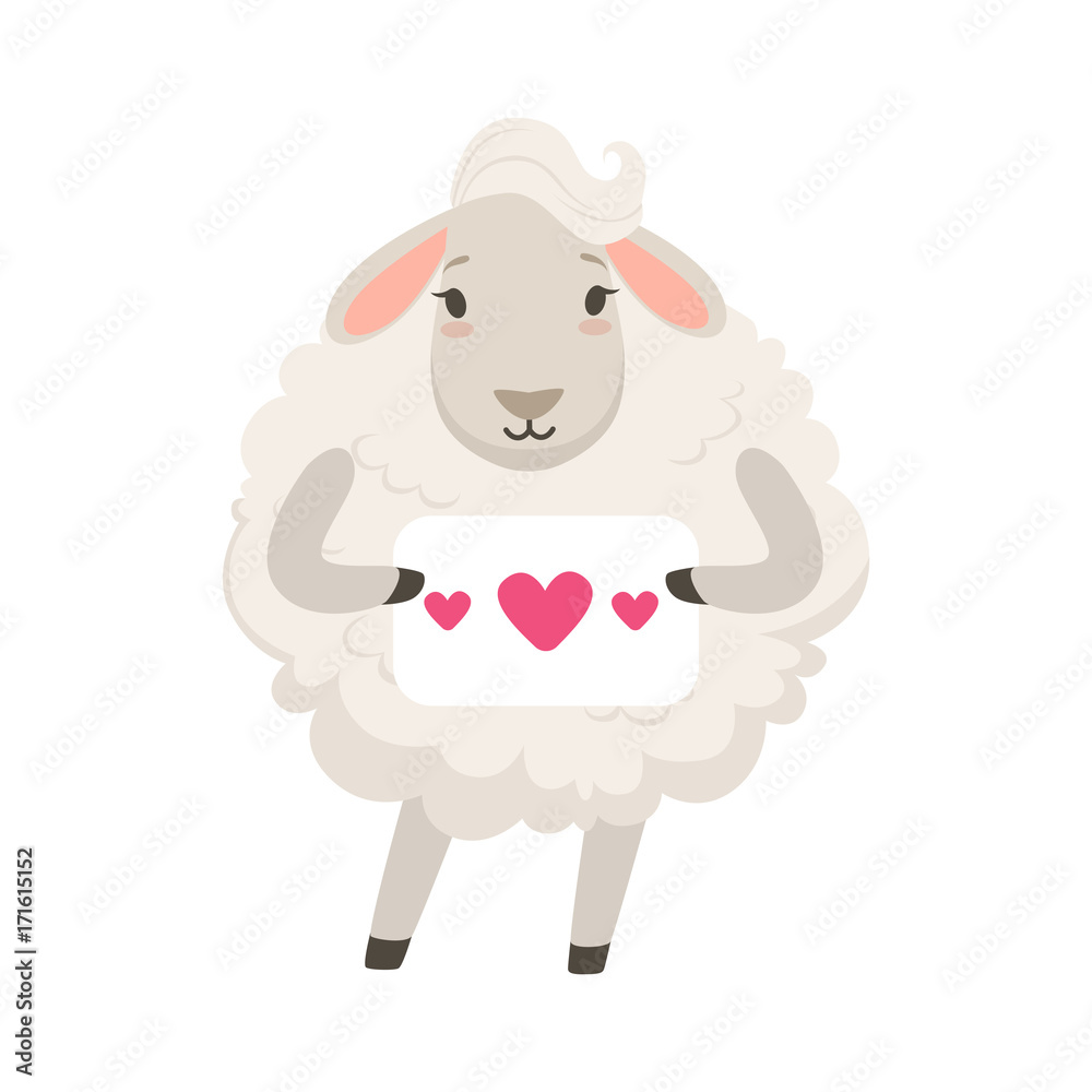Cute white sheep character holding paper with hearts, funny humanized animal vector Illustration Cute white sheep character holding paper with hearts, funny humanized animal vector Illustration