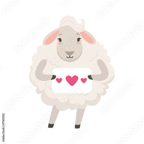 Cute white sheep character holding paper with hearts, funny humanized animal vector Illustration