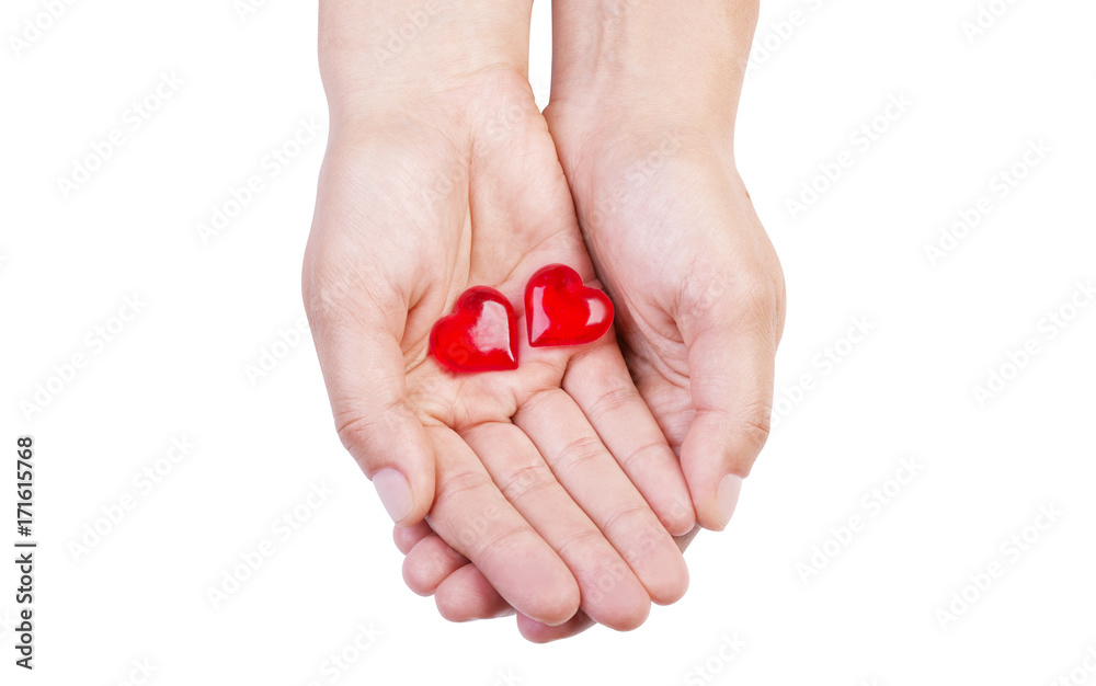 The palm holds a small plastic heart, isolated image on a white background The palm holds a small plastic heart, isolated image on a white background