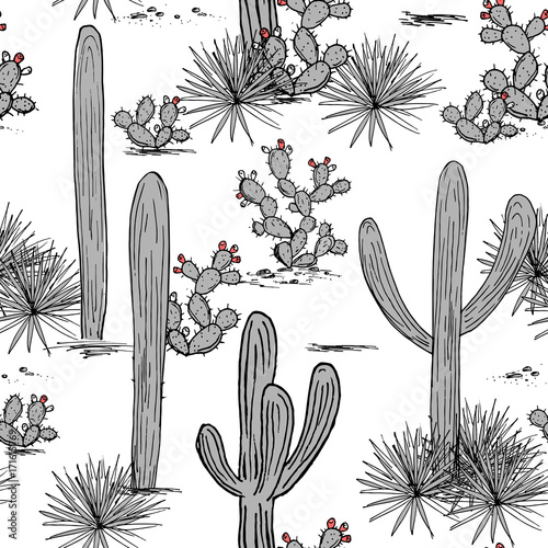 Hand drawn set with saguaro, blue agave, and and prickly pear. Latin American background. Mexican landscape Vector illustration.
