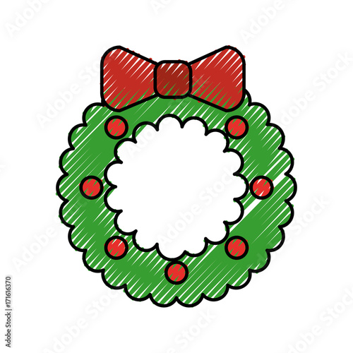 christmas wreath with ball bow decoration celebration vector illustration