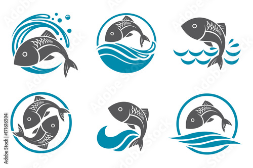 collection of fish icon with waves