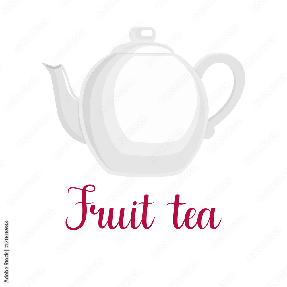 Teapot on white background, handwritten title 