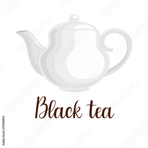 Teapot on white background, handwritten title "Black tea", vector illustration