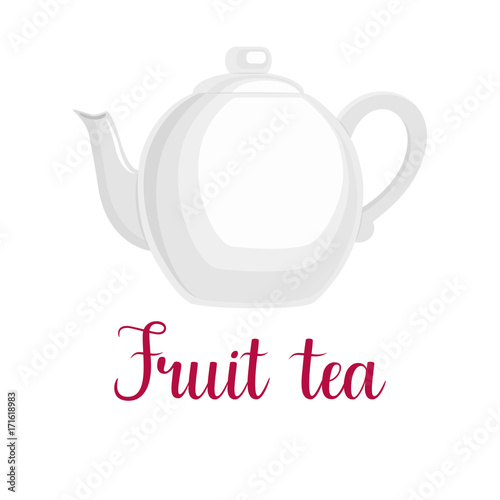 Teapot on white background, handwritten title "Fruit tea", vector illustration