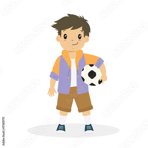 happy boy standing and holding a soccer ball cartoon vector