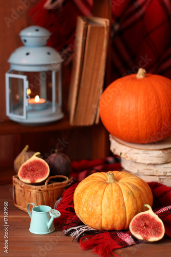 Autumn still life. Pumpkins and a lamp on a checkered plaid