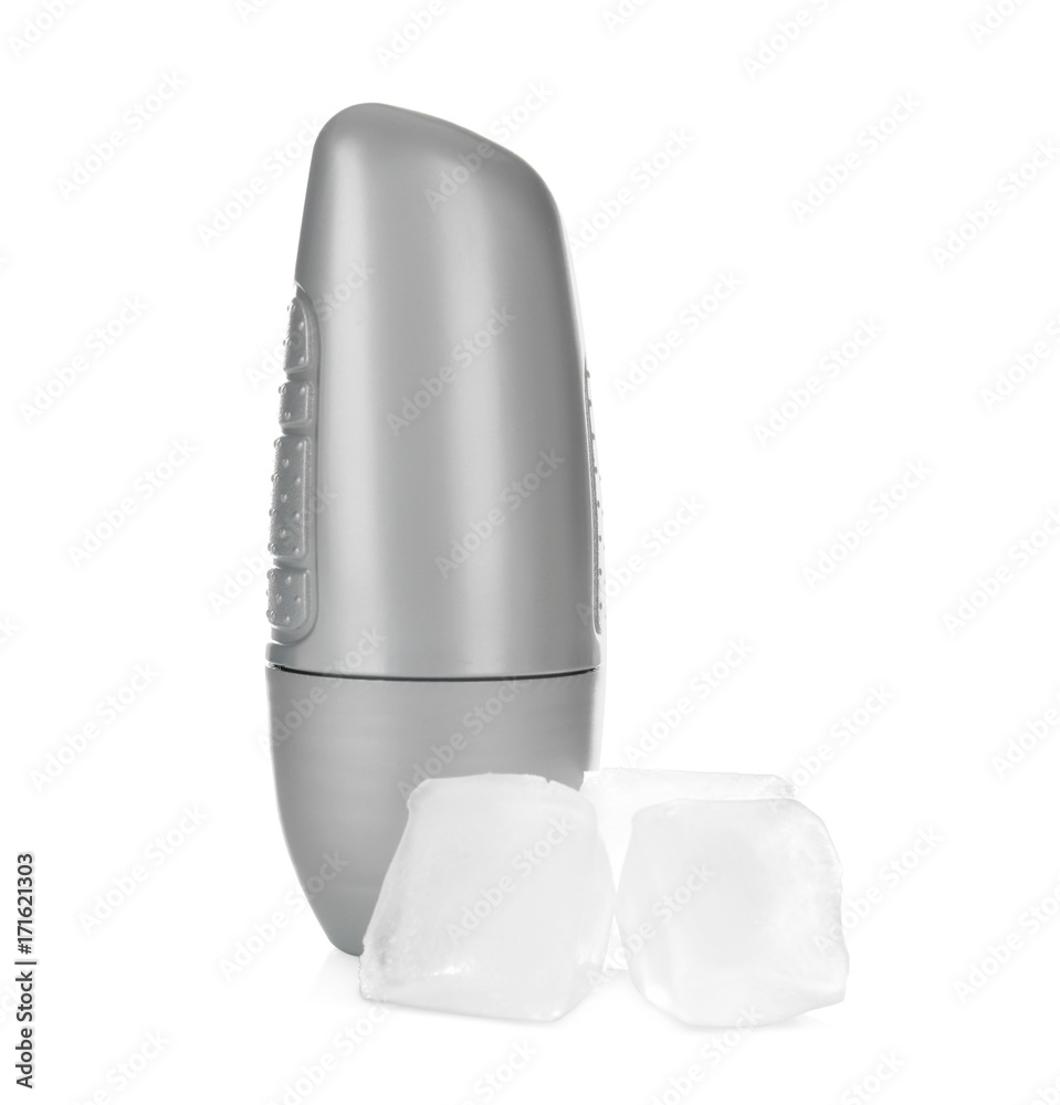 Deodorant with ice cubes on white background Deodorant with ice cubes on white background
