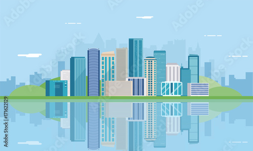 Urban landscape. Modern city. Building architecture, cityscape town. Vector 