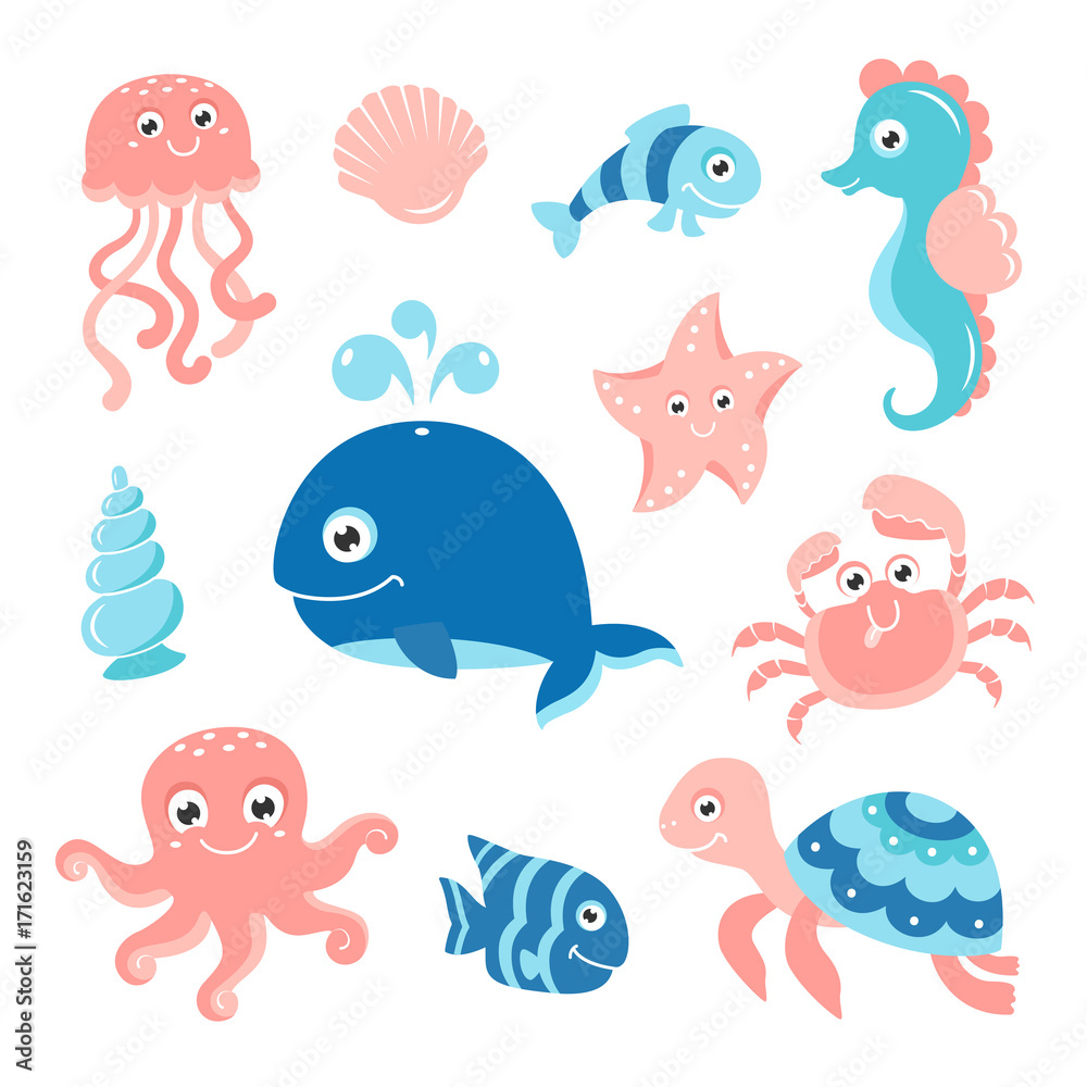 Fototapeta premium Ocean set with cartoon sea animals for baby shower scrapbooking and birthday designs