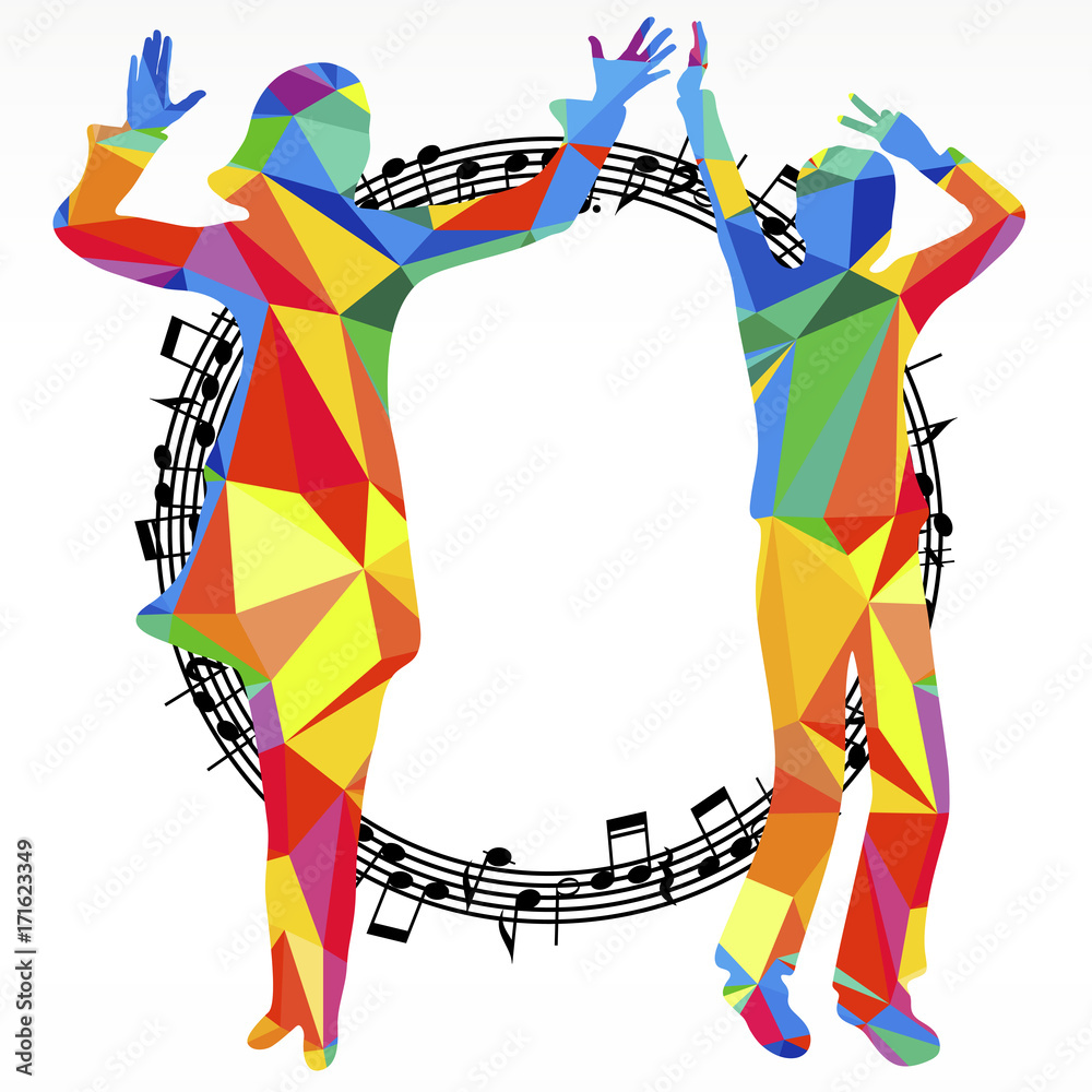 Polygon silhouettes dancing people and melody circle, vector music battle party background.