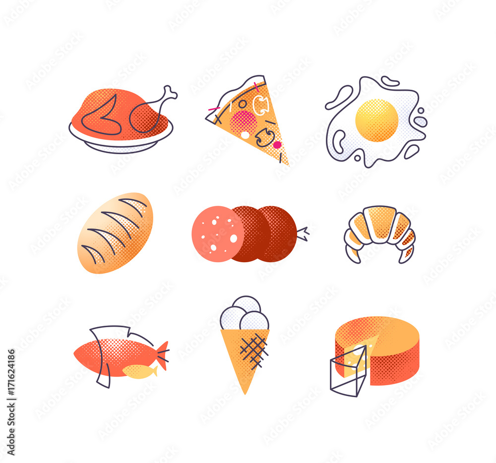 Set of gastronomy food icons, vector cuisine design elements' collection.