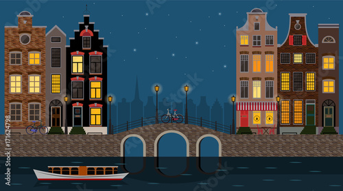 Amsterdam traditional houses night view with bridge, canal and boat, old city center. Vector illustration, flat design template