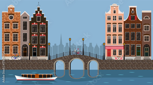 Amsterdam traditional houses view with bridge, canal and boat, old city center. Vector illustration, flat design template