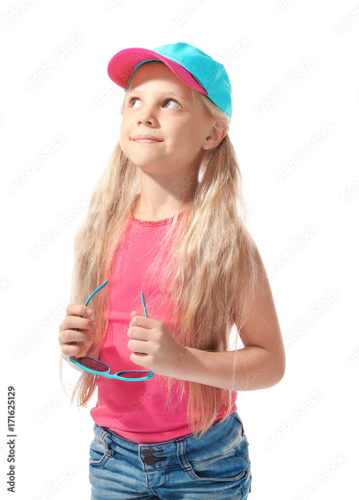 Cute little girl on white background. Summer vacation concept Cute little girl on white background. Summer vacation concept