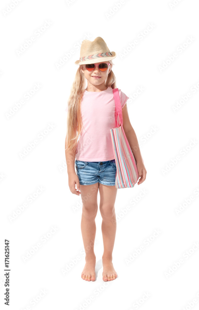 Cute little girl on white background. Summer vacation concept Cute little girl on white background. Summer vacation concept