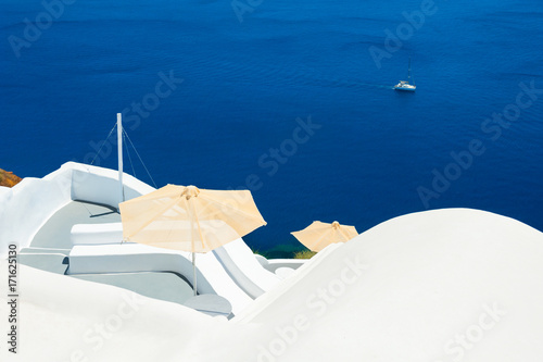 White architecture on Santorini island, Greece. Beautiful sea view.