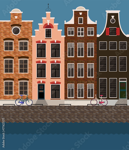 Amsterdam traditional houses view, old city center. Vector illustration, flat design template