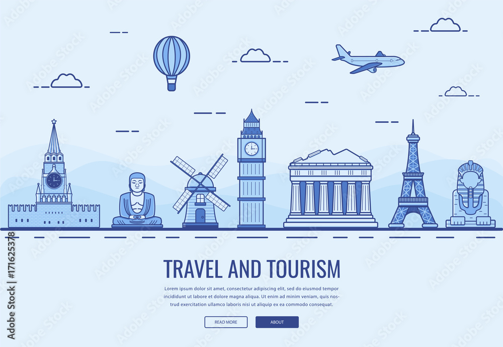 Naklejka Travel composition with famous world landmarks. Travel and Tourism. Concept website template. Vector
