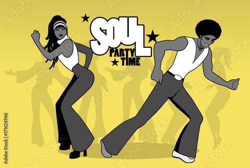 Soul Party Time. Young couple dancing soul, funk or disco. Retro style.