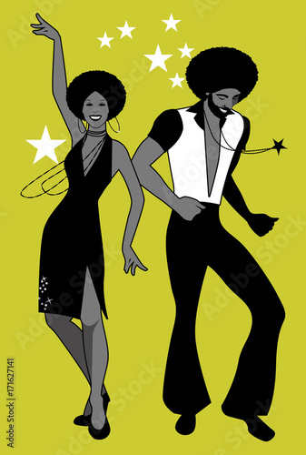 Soul Party Time. Young couple dancing soul, funk or disco. Retro style.