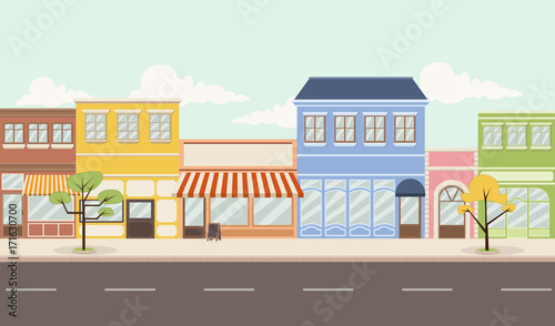 Street of a colorful city with shops