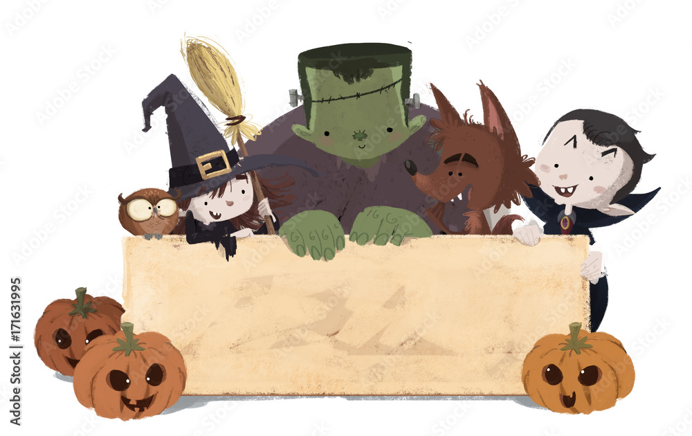 niños monstruos con cartel en halloween Stock Illustration | Adobe Stock