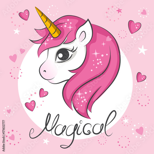 Cute magical unicorn. Vector design on white background. Print for t-shirt. Romantic hand drawing illustration for children.