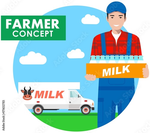 Farmer concept. Detailed illustration of driver, milkman in overalls on background with milk truck in flat style. Vector illustration.
