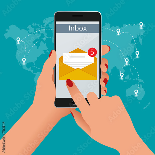 Woman received an e-mail online on a mobile phone. Message online Incoming email isometric vector concept. Receiving messages