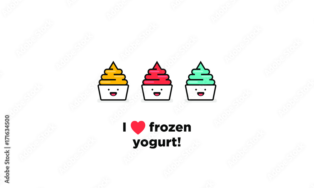 I Love Heart Frozen Yogurt! (Frozen Yogurt With Smiley Face Line Art in Flat Style Vector Illustration Icon and Quote Poster Design)