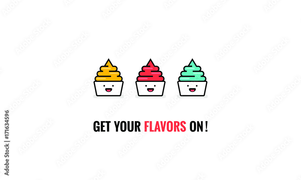 Get Your Flavors On! (Frozen Yogurt With Smiley Face Line Art in Flat Style Vector Illustration Icon and Quote Poster Design)