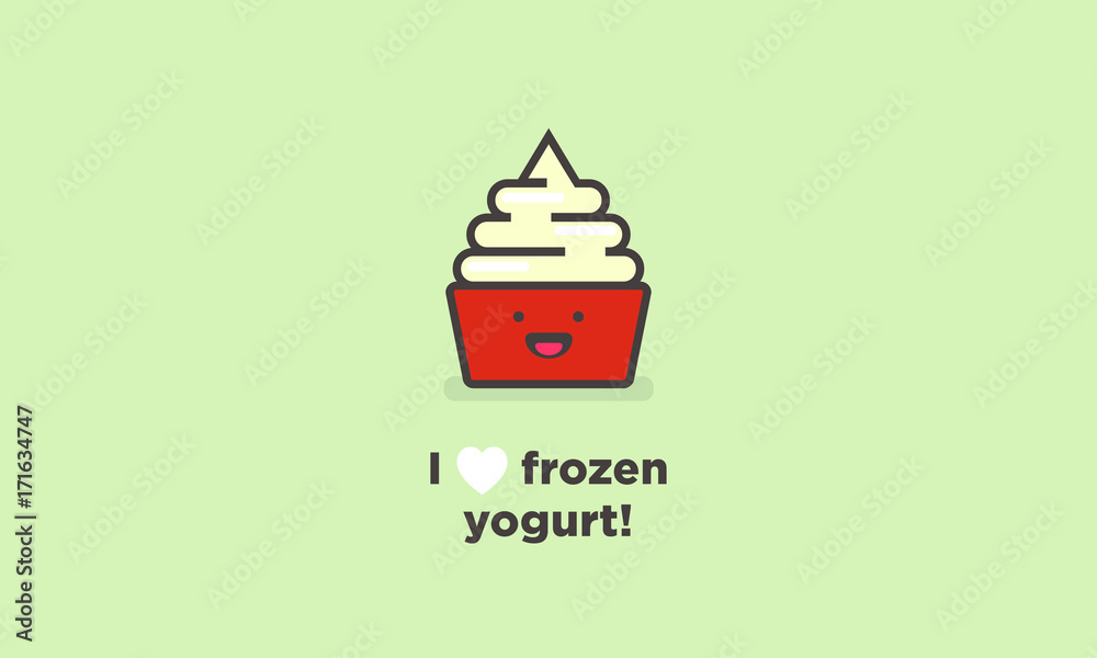 Obraz premium I Love Heart Frozen Yogurt! (Frozen Yogurt With Smiley Face Line Art in Flat Style Vector Illustration Icon and Quote Poster Design)