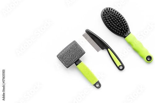 grooming tools for training pet and brushes on white background top view mock-up