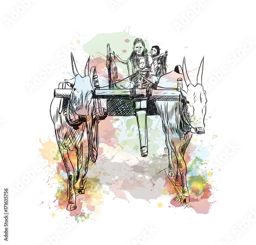 Watercolor sketch of Bull Cart in vector illustration.