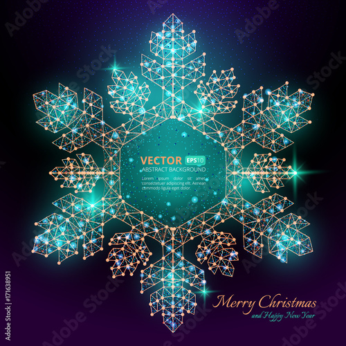 Blue polygonal snowflake with flares for Merry christmas and happy new year 2018 with texture of starry sky or space universe. Vector illustration consisting of polygons, points and lines