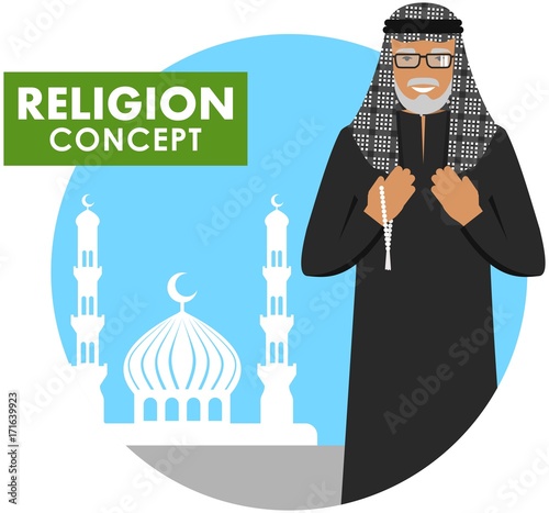 Prayer time. Religion concept. Muslim old person with beads in hands pray standing on the background silhouette of mosque and minarets. Arabic senior man pray. Vector illustration.