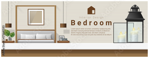 Interior design with table top and Modern bedroom background , vector , illustration
