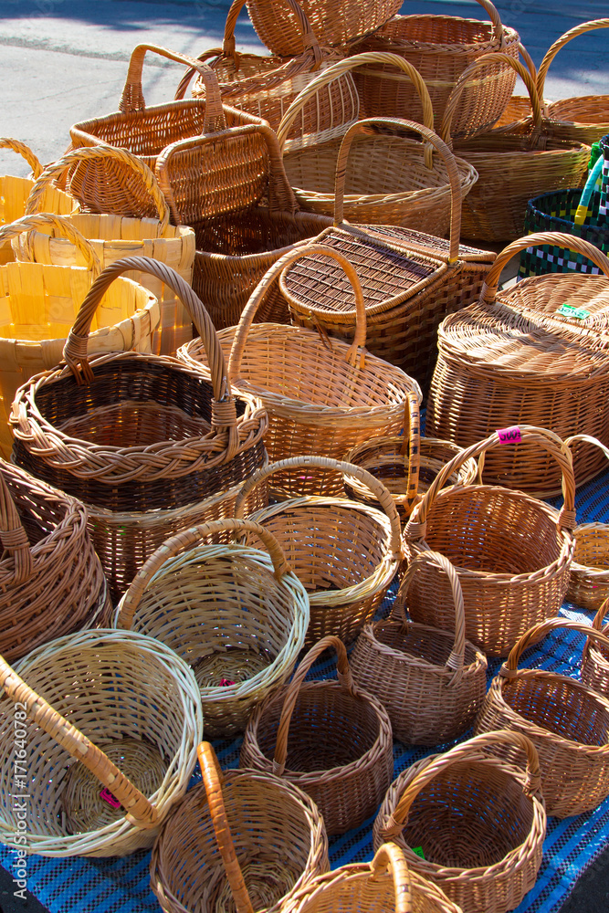 Several different wooden baskets. Traditional handmade Russian product for household needs