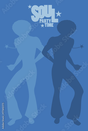 Silhouette of men dancing soul, funky or disco music. Retro Style.