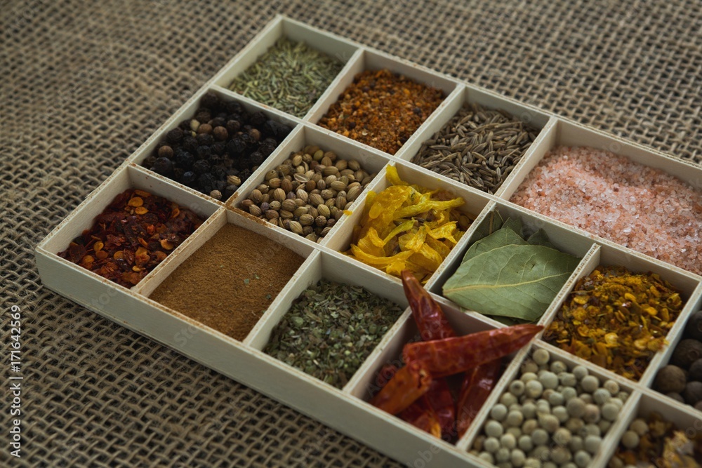 Fototapeta premium Various spices arranged in tray