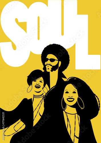 Soul Music Poster. Group of man and two girls. Retro Style