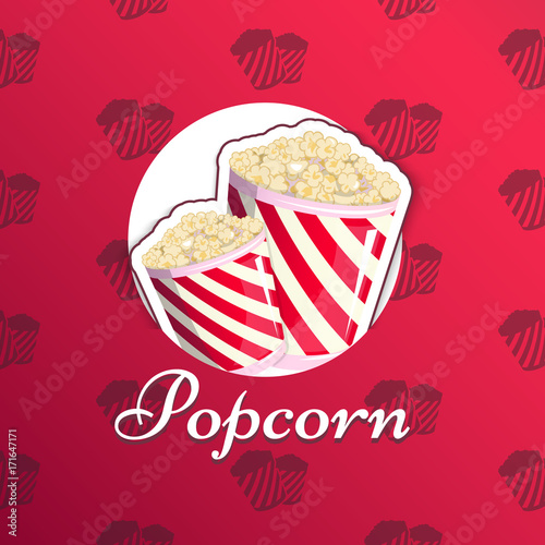 Popcorn is isolated in a striped logo logo emblem for your produce  an appetizer bucket when you watch movies. Label  wrap Miniature fast food Vector illustration for your project