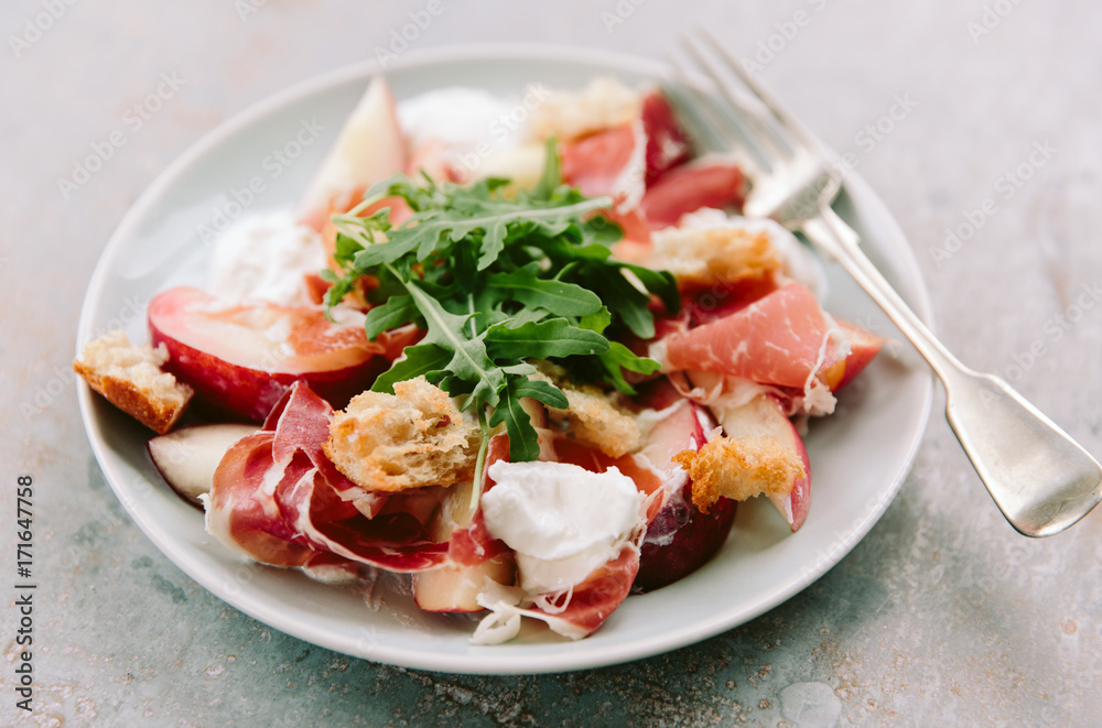 Burrata, peach and Iberico Ham salad. Burrata, peach and Iberico Ham salad.
